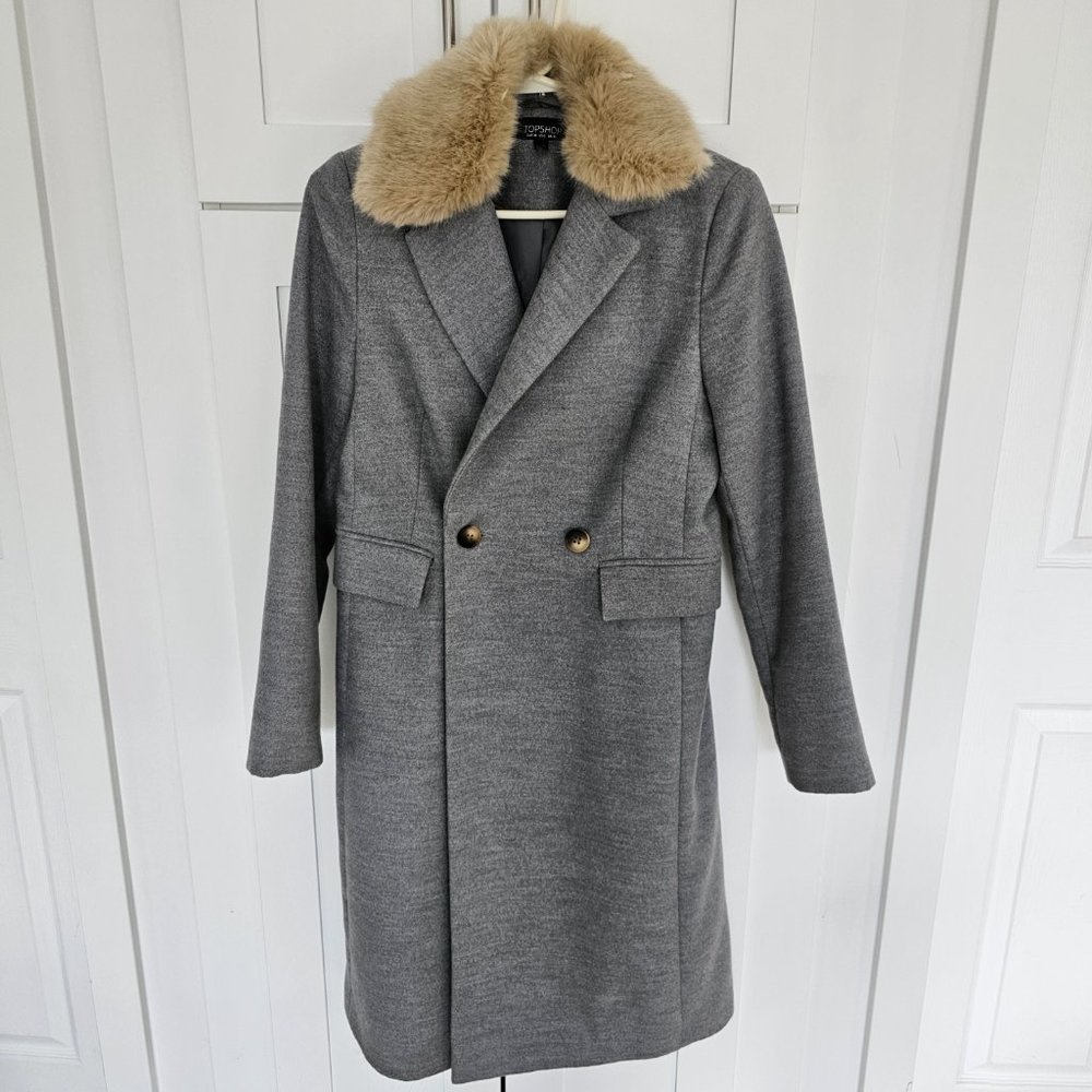 Topshop Grey Double Breasted Nancy Coat w/ Removable Faux Fur Collar 6 Like New - Picture 3 of 16